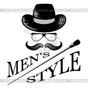 Mens sunglasses, hat and cane - vector image