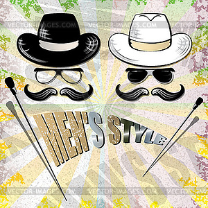 Mens sunglasses, hat and cane - vector clip art