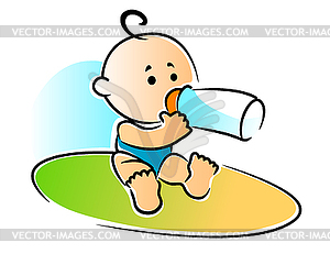 Adorable newborn baby drinking bottle of feed - vector clip art