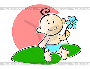 Счастливый очаровательны ребенок играет с цветком - изображение в векторе