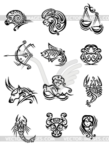 Tribal black and white zodiac signs - vector EPS clipart