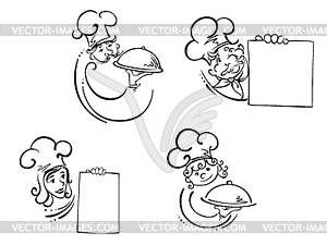 Chefs with food domes and blank cards - vector image