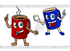 Два счастливых мультяшный кружки кофе - иллюстрация в векторе
