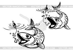 Cute fish about to be caught on fishing line - vector clipart