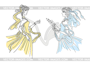 Brides in yellow and blue dresses - vector clipart