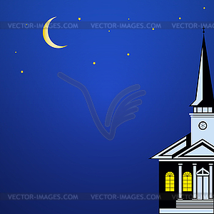 Christmas landscape with Church Spire, moon and - vector clipart