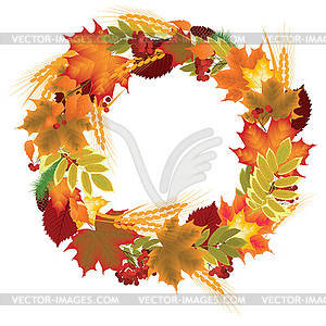 Wreath of autumn leaves, berries and ears - vector image