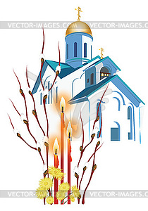 Orthodox church and a basket with Easter eggs - vector clip art