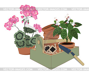 Garden tools and flowers - vector clip art