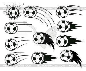 Grunge flying soccer and football balls - vector image