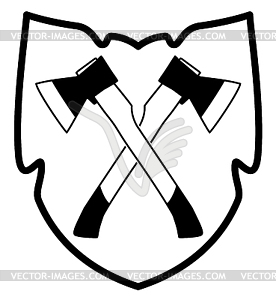 Crossed ax in shield icon - vector image
