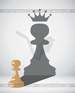 Small chess pawn with shadow of big king - vector clipart