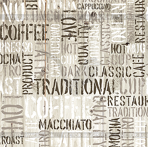 Coffee words on wooden background - vector clip art