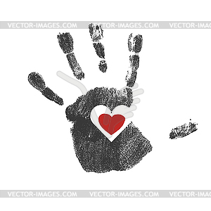 Handprint with red heart symbol - vector clip art