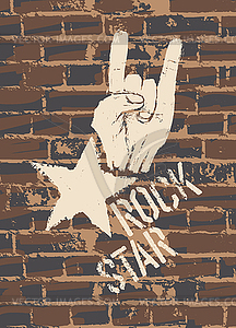 Rock Star Sign With Horns Gesture On Brick Wall - color vector clipart