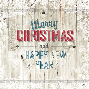 Merry Christmas greeting on blond wooden background - vector clipart