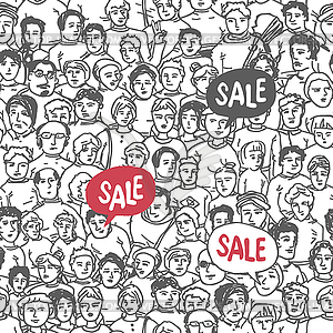 People Crowd Seamless pattern with Sale Label - vector clipart