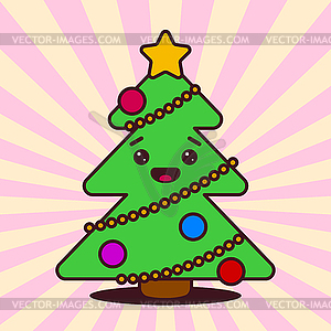 Kawaii Christmas tree with smiling face - vector image