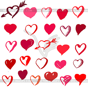 Set of Valentine`s Day brush drawn hearts - vector clip art