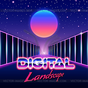 Retro styled futuristic landscape with lettering an - vector clipart