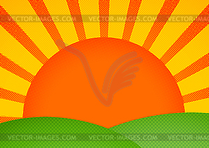 Halftone card with sunrise over green hills - vector image