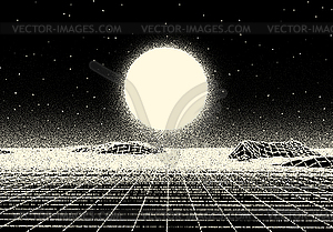 Retro dotwork landscape with 80s styled sun, grid - vector clipart