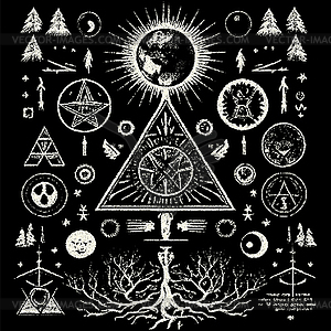 Композиция оккультных символов в точечном стиле. - изображение в векторном виде