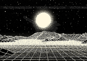 Retro dotwork landscape with 80s styled sun, grid - vector image