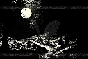 Dark forest landscape with full moon in retro - color vector clipart