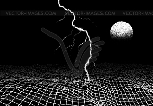 Space landscape with lightning strike in retro - vector image