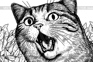 Удивленный кот с выпученными глазами и открытой пастью, черный - изображение в векторе