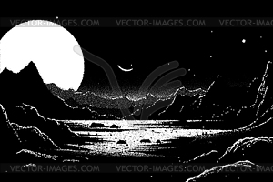 Alien planet landscape in retro dotwork style. - vector image