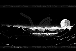 Alien planet landscape in retro dotwork style. - vector clipart
