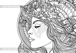 Beautiful woman drawing with ancient ornament in - vector clip art