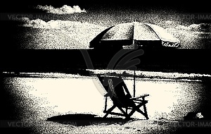 Пляжный пейзаж с шезлонгом и зонтиком. - векторный клипарт