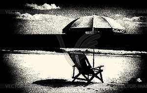 Beach landscape with deck chair and umbrella. - vector clipart