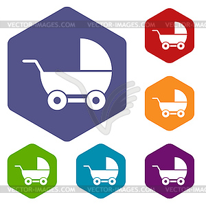 Baby carriage rhombus icons - vector image