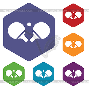 Ping-pong rackets hexagon icon set - vector image