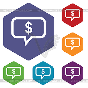 Dollar message hexagon icon set - vector clip art