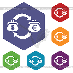 Dollar-euro exchange hexagon icon set - color vector clipart