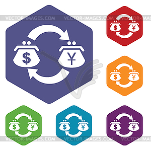Dollar-yen exchange hexagon icon set - vector image