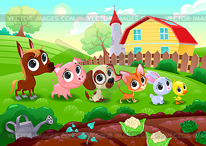 Funny farm animals in garden - vector clipart