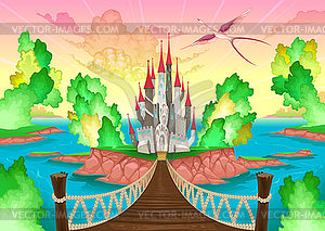 Fantasy landscape with castle - vector image