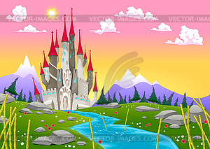 Fantasy mountain landscape with medieval castle - vector clipart