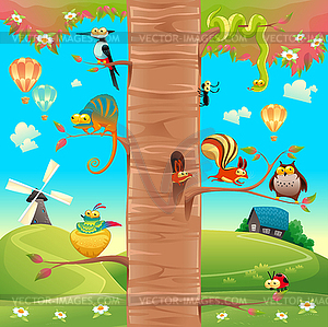 Funny animals on branches - vector clipart
