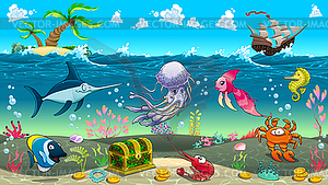 Смешные сцены под морем - векторный рисунок