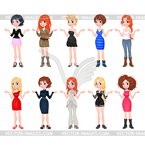Женщины с различными платья, одежды и обуви - изображение в векторном виде
