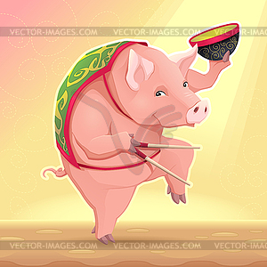 Funny pig with soup bowl and chinese sticks - stock vector clipart