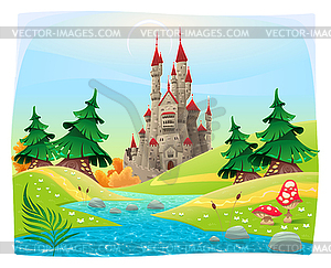 Mythological landscape with medieval castle - vector clipart