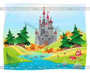 Mythological landscape with medieval castle - vector clip art